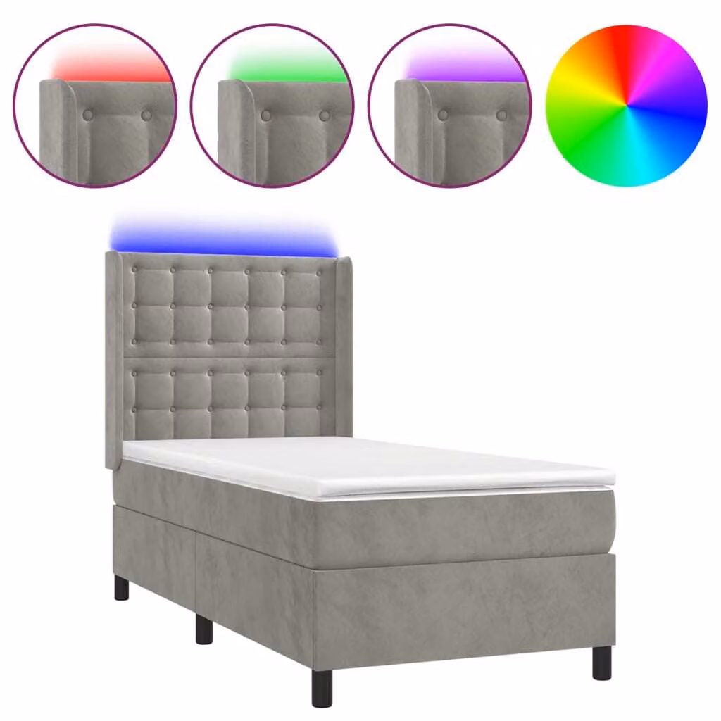 Letto a Molle Materasso e LED Grigio Chiaro 100x200 cm Velluto