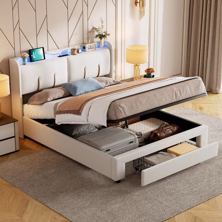letto da 160 x 200 cm con contenitore, LED, rete a doghe, USB Type-C, rivestimento in velluto bianco