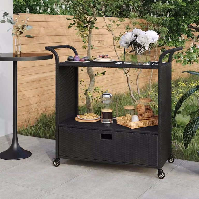vidaXL Carrello da Bar Moderno in Polyrattan Nero con Cassetto e Ruote L/P/H: 100 x 45 x 97 cm