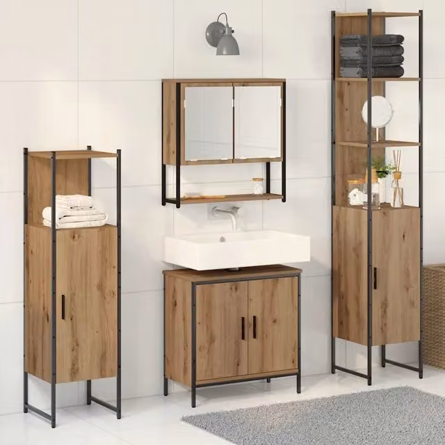 Set di mobili da bagno moderno vidaXL in legno marrone e nero composto da 4 pezzi con base lavabo, armadietto con specchio, colonna alta e mobile laterale H x L x P: 185,5 x 60 x 33 cm