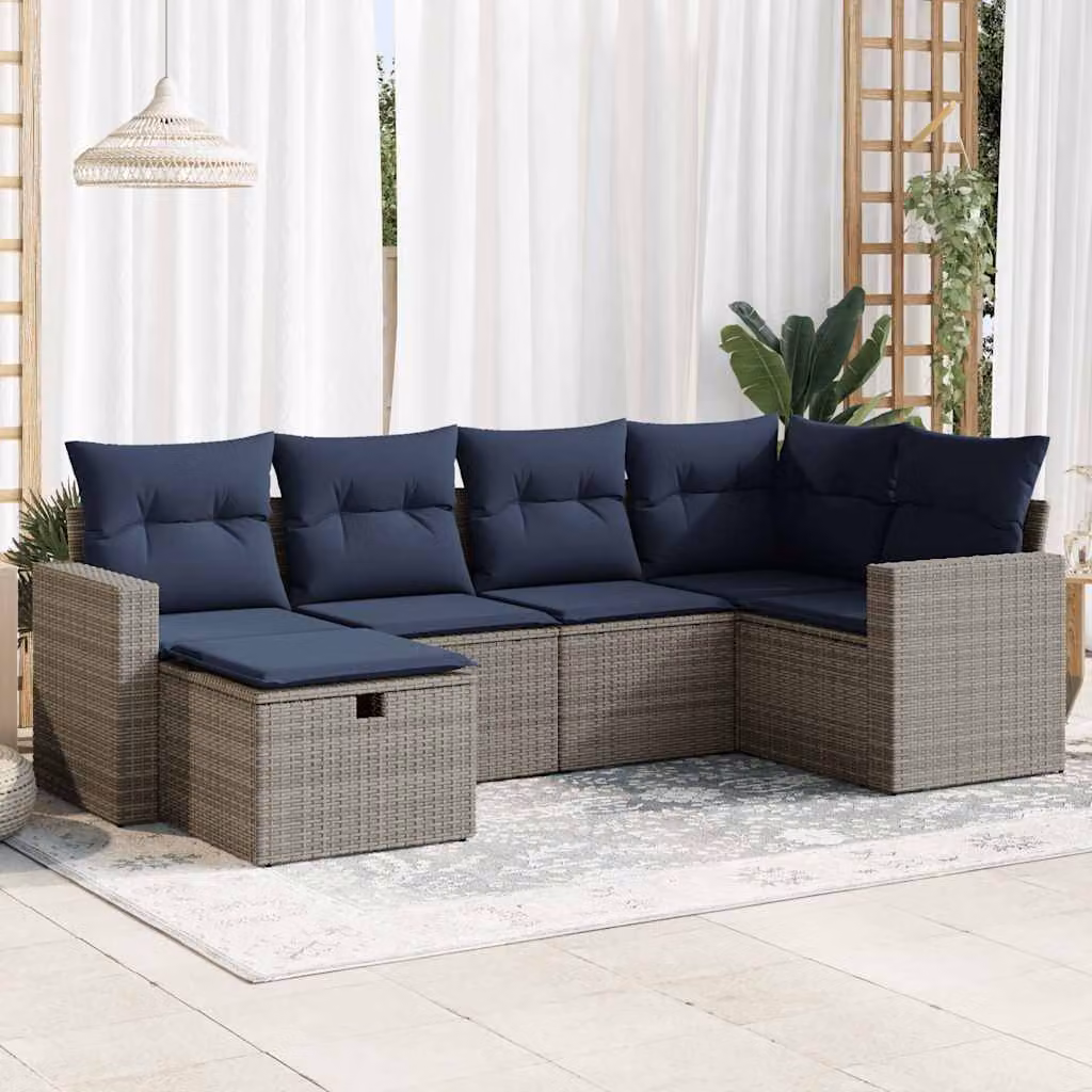 Set Divano da Giardino a L vidaXL in Polyrattan con Cuscini Grigio e Blu, 6 Pezzi con Struttura in Acciaio e Sedute Imbottite
