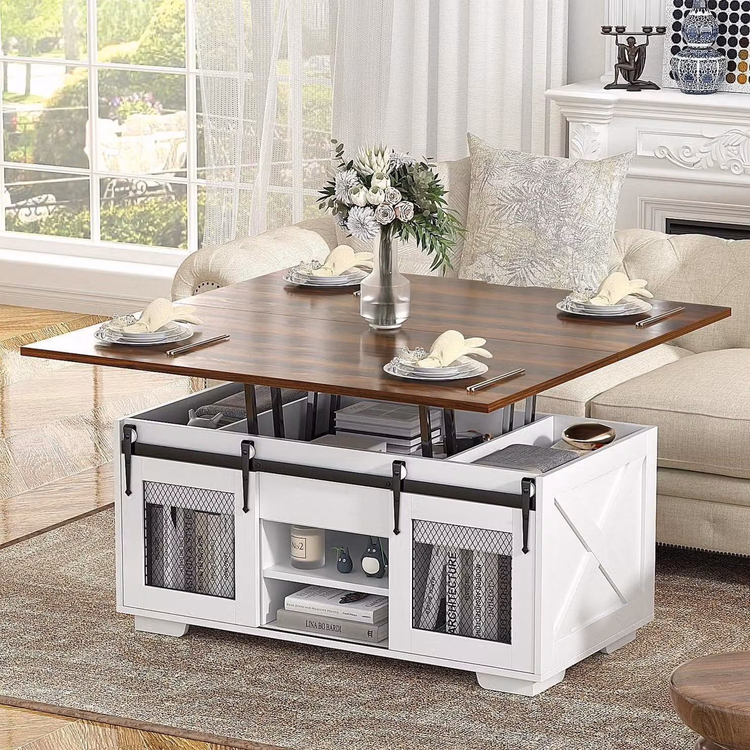 Tavolino da caffè con altezza regolabile, stile legno noce, per soggiorno