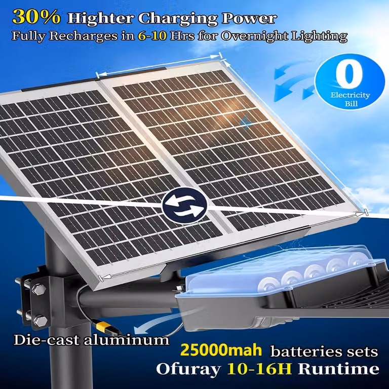 Lampione solare in alluminio per esterni, ideale per parcheggi e giardini, dotato di due pannelli solari