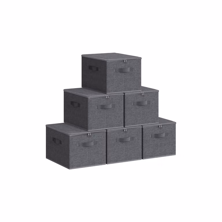 Scatole Portaoggetti con Coperchio Pieghevoli con Maniglie, Grigio Scuro / Set di 6 (40L x 30l x 25H cm)