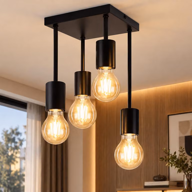 Lampada a soffitto ZMH, 4 luci, stile vintage, nera, attacco E27, ideale per cucina, in metallo, sospesa, design industriale, adatta per cucina, corridoio, soggiorno, bar (senza lampadine)