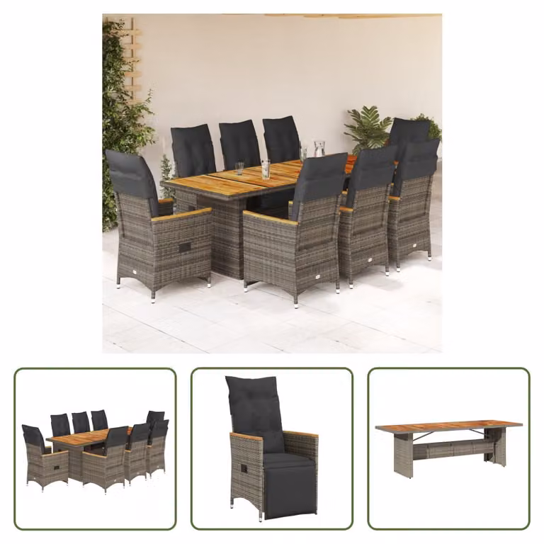 The Living Store Set bistrot da giardino 9 pezzi con cuscini in poly rattan grigio