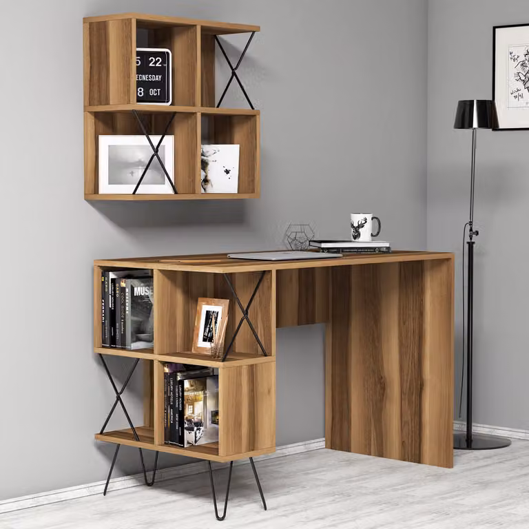 Skye Decor, scrivania moderna con ripiano a parete, in noce e nero, dimensioni 120 x 60 x 78,8 cm | Realizzata in pannello di particelle melaminato al 100%, spessore 18 mm | Versatile e funzionale per il vostro ufficio domestico.