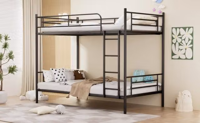 Letto a castello 90x190 cm in acciaio nero con scala antiscivolo e sponda di sicurezza