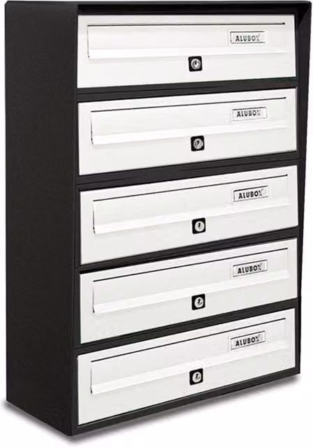 ALUBOX SLIM Cassette Postali Condominiali da 5 Posti in Alluminio e Lamiera Zincata con Sistema Anti Prelievo, L/P/H: 63 x 39 x 30 cm, Colore: Antracite e Bianco