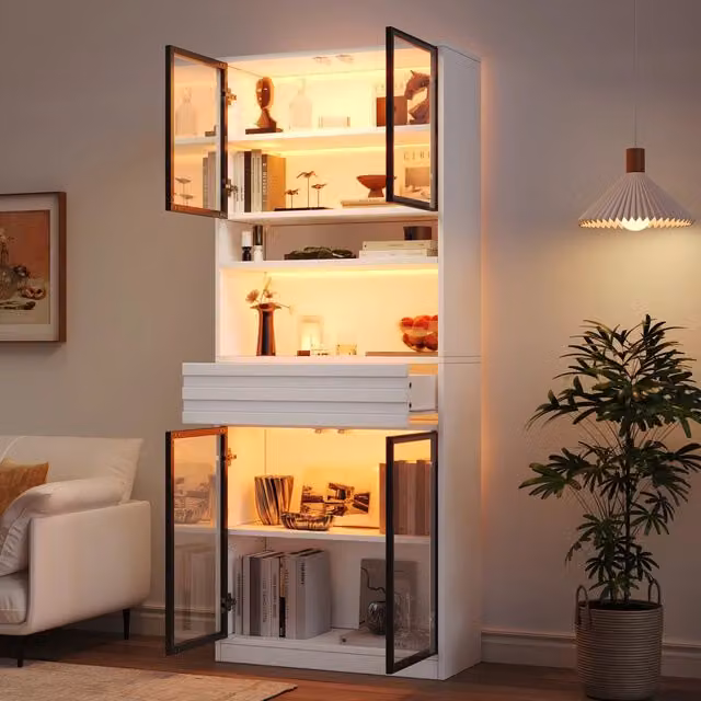 Set 2 Vetrine Soggiorno Bianca in MDF con 8 Ante in Vetro; 2 Cassetti e Illuminazione LED App; 160x35x200 cm