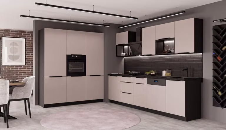 Cucina ARONA LOFT 280 + 180 cm, linea cucina, blocco cucina, cucina componibile, color cashmere beige opaco + nero opaco