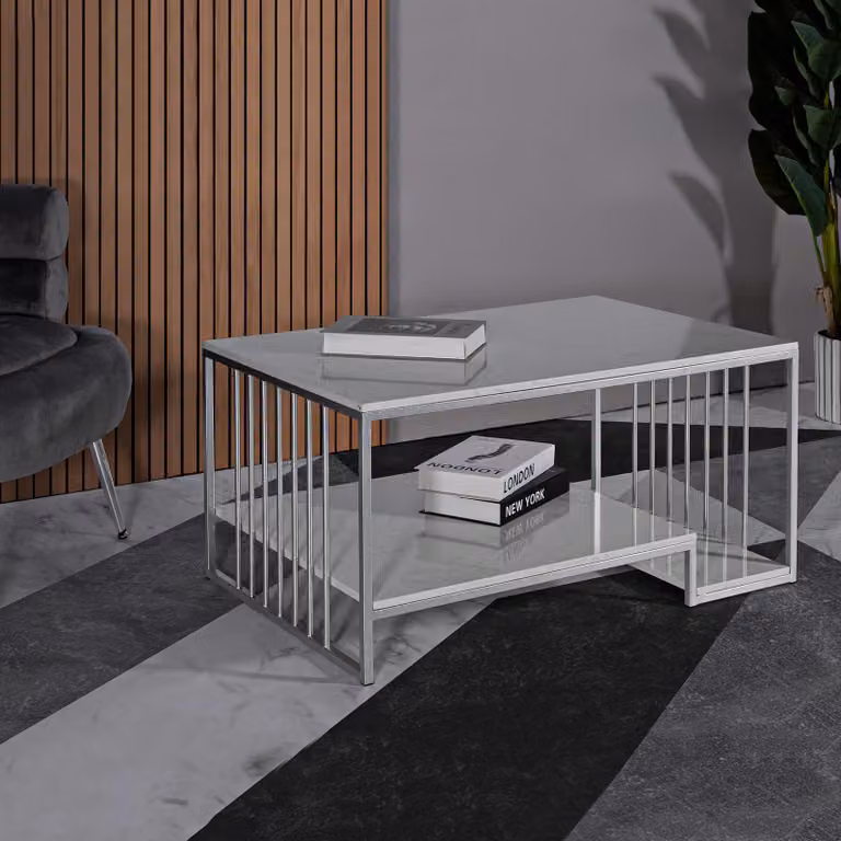 Fafaha - Tavolino da Salotto, 90x45x60h cm Bianco Marmo, Forma Rettangolare