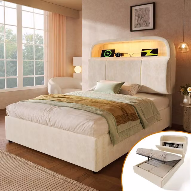 Letto singolo imbottito 90 × 200 cm con vano contenitore testiera regolabile velluto beige LED USB e Type-C
