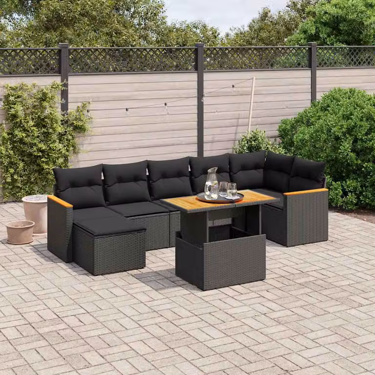 vidaXL Set Divani da Giardino a L con Cuscini 8 pz Nero in Polyrattan e Legno di Acacia