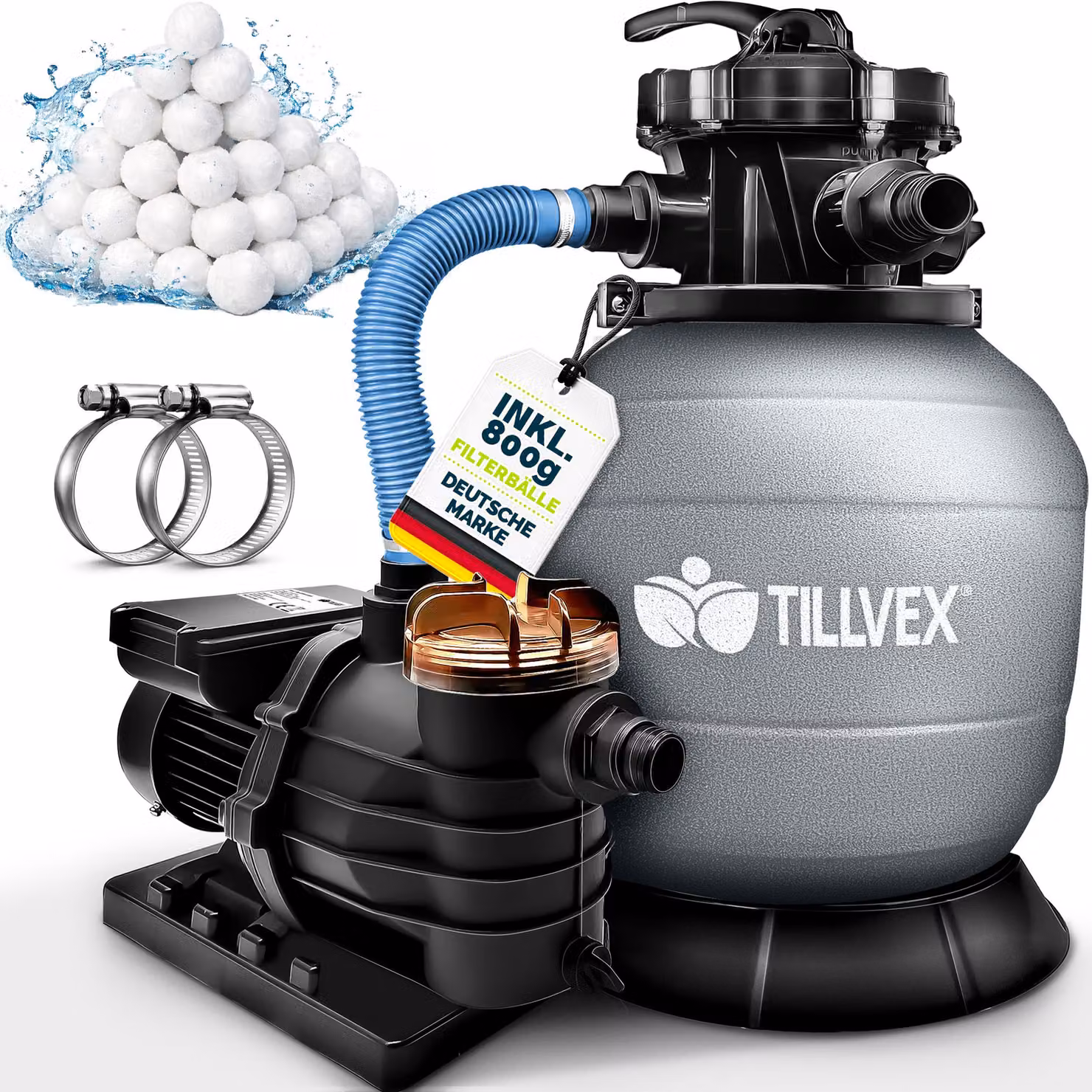 tillvex sistema di filtraggio a sabbia per piscina 10 m³/h incl. 800 g di sfere filtranti grigie | sistema di filtraggio valvola a 7 vie & adattatore 2in1 Ø32mm - 38mm | filtro per piscina con indicatore di pressione | filtro a sabbia per piscine