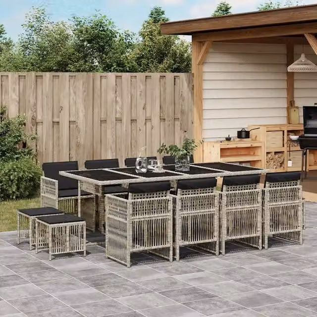 Set da pranzo da giardino vidaXL in polyrattan con cuscini e tavolo in vetro, 13 pezzi, Grigio Antracite – 1