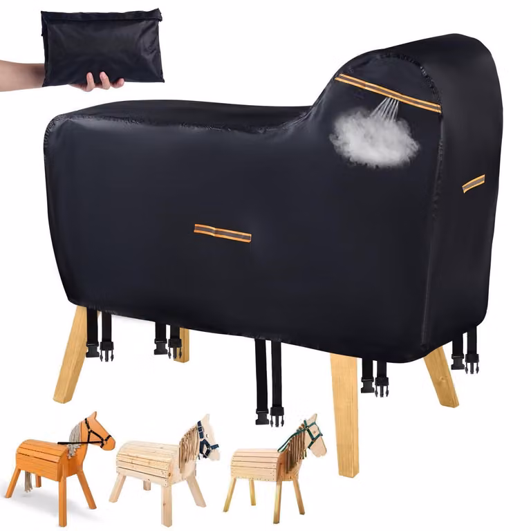 Copertura per cavalli in legno, realizzata in tessuto Oxford 420D, impermeabile e resistente ai raggi UV, dimensioni 160x110x70 cm, colore nero, con borsa per il trasporto