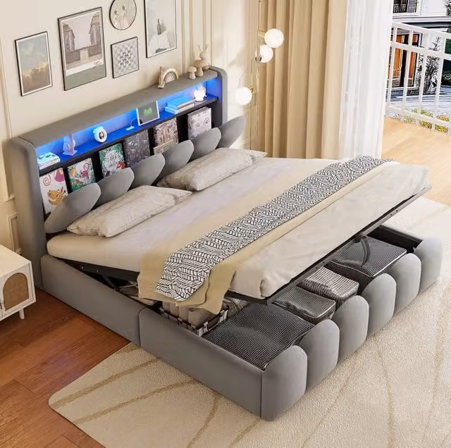 Letto matrimoniale imbottito 180x200 cm in velluto grigio con LED, USB-C e contenitore