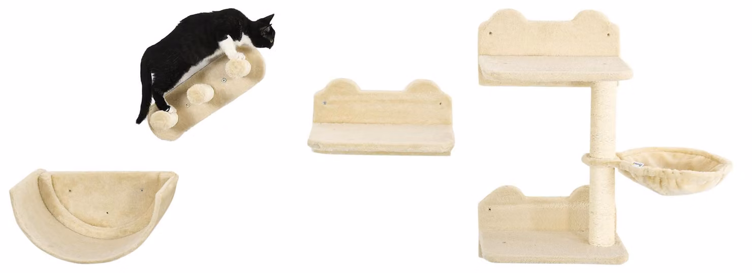 PawHut Parete da arrampicata per gatti, 4 pezzi, con scaletta, amaca e piattaforma di salto