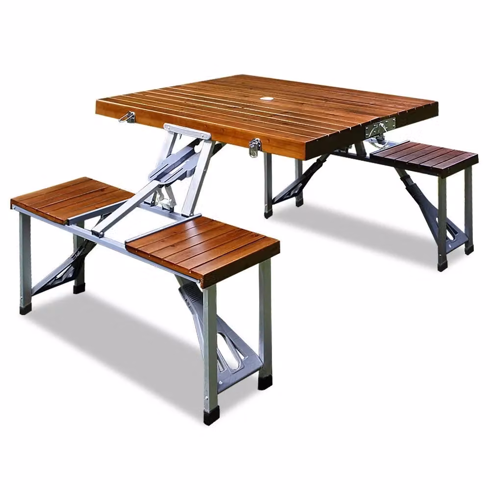 Set Tavolo e 4 Sgabelli Pieghevoli da Campeggio Trade Shop Traesio in Alluminio e Legno Marrone – 2