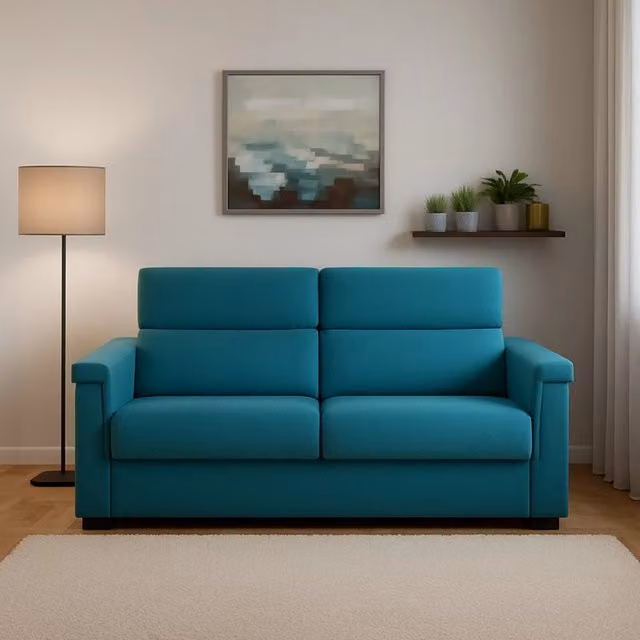 Divano Letto Rigolato DMORA a 2 Posti con Rivestimento Sfoderabile e Contenitore, Azzurro, L: 185 cm, P: 95 cm