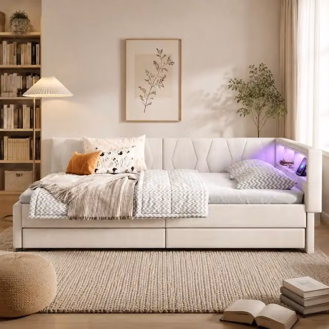 Daybed 140x200 cm in lino beige con LED ambientale; USB + Type C; 2 cassetti e vani laterali