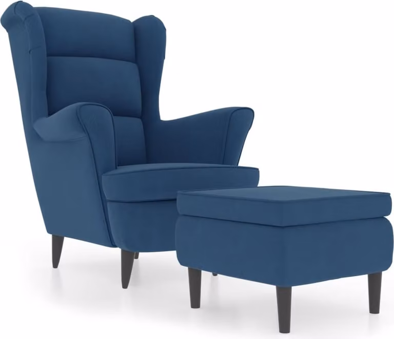 Poltrona con Schienale ad Ala con Poggiapiedi Blu in Velluto