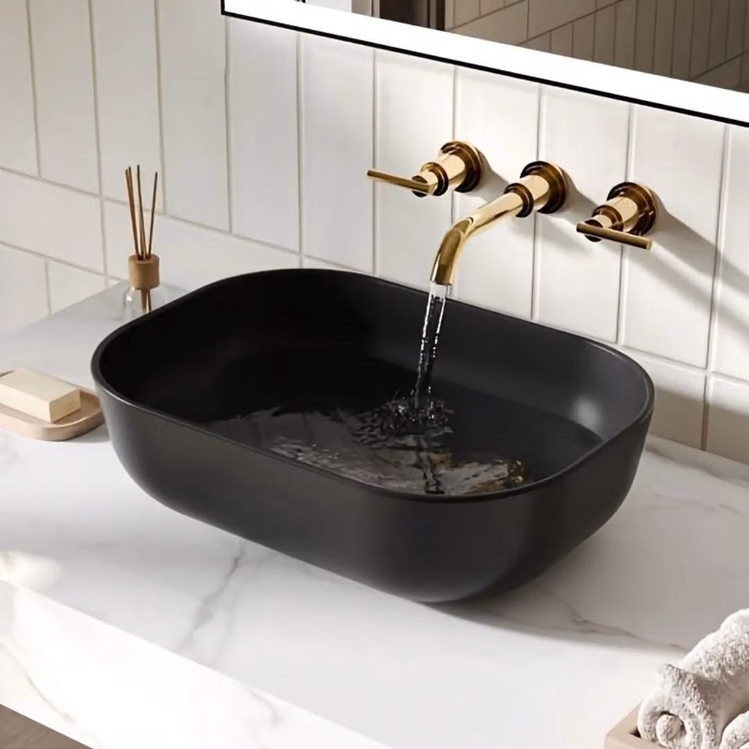 Lavabo da appoggio - Lavabo - Forma ovale - Vetroceramica - 9 litri - Senza foro per rubinetto - 50 x 40 x 14,5 cm - Nero
