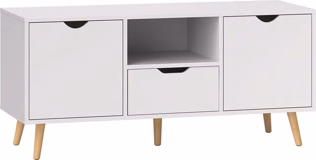 Mobile Porta TV HOMCOM Moderno con Cassetto, Ripiano Aperto e Armadietti, Bianco e Legno, L 110 x P 40 x H 50 cm – 1