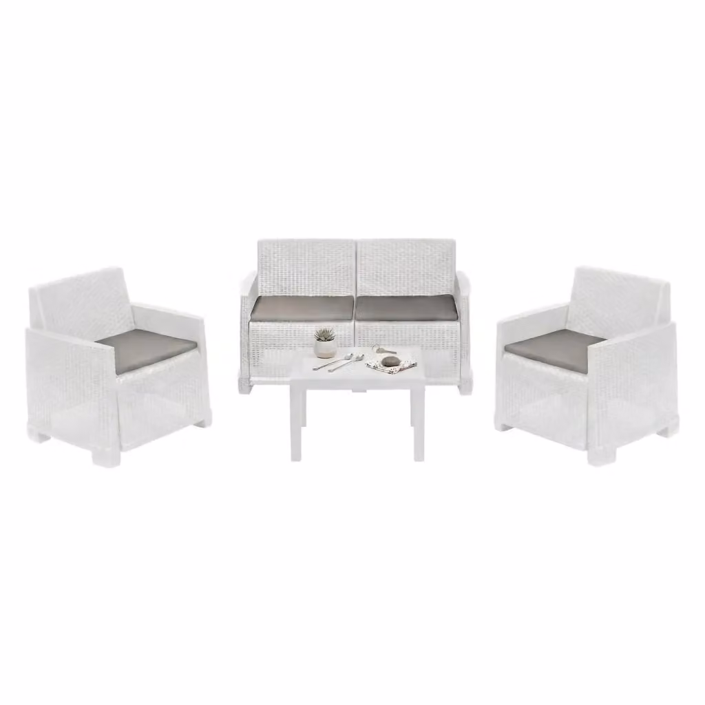 Set Salotto da Esterno Atrito DMORA Bianco con Divano a 2 Posti, Poltrone e Tavolino da Giardino in Rattan e Tessuto Impermeabile – 2