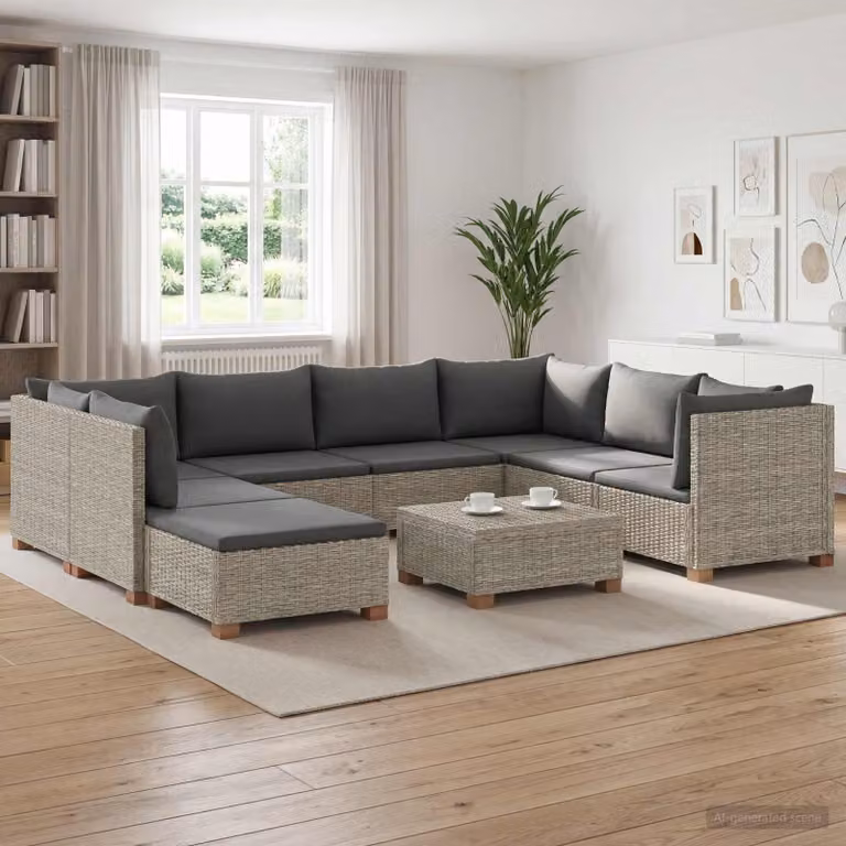 Set Lounge da Giardino vidaXL GENDT in Polyrattan con Cuscini Grigio, 9 Pezzi
