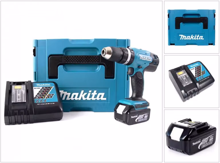Trapano a percussione a batteria Makita DHP 453 RF1J 18V 42Nm in MAKPAC + batteria 3,0 Ah + caricabatteria
