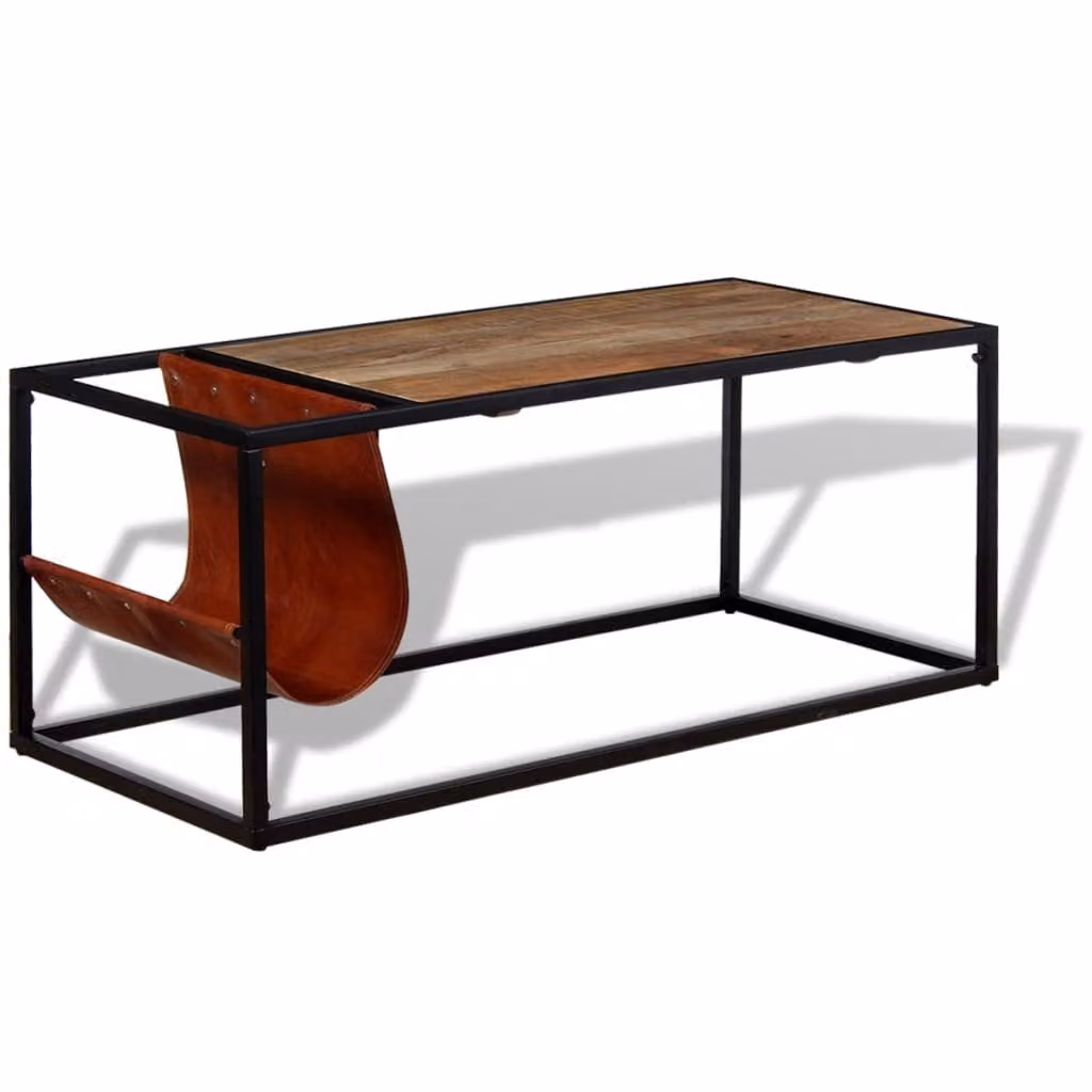 vidaXL Tavolino con portariviste in vera pelle 110x50x45 cm