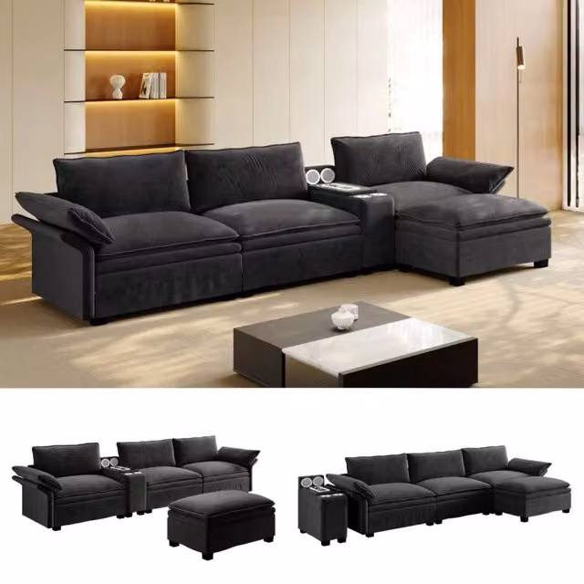 Divano Angolare Modulare 315 cm ¨C MINIMAL ¨C Chenille Nero con Contenitore, Poggiapiedi e Luce