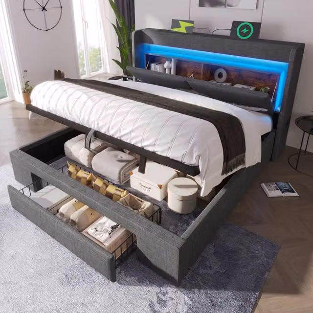 Letto imbottito 160x200 idraulico LED USB/Type-C lino grigio