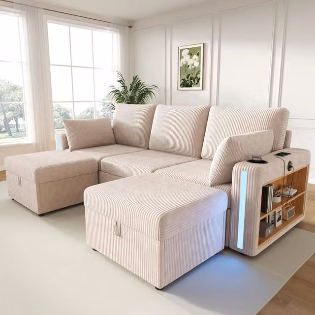 Divano panoramico modulare MIVRAY a forma di U in velluto a coste beige con illuminazione LED, ricarica USB, contenitori e due pouf inclusi L/P/H: 190 x 130 x 85 cm