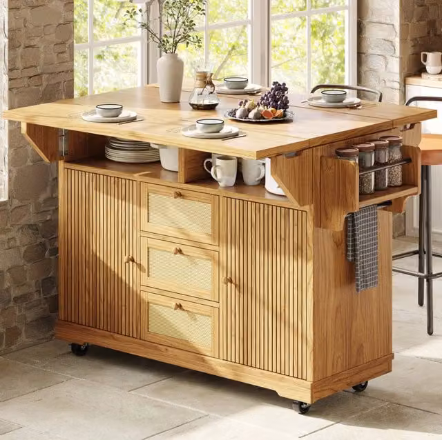 Carrello da cucina pieghevole con piani estensibili; MDF e PE rattan; 142;5 cm; finitura naturale