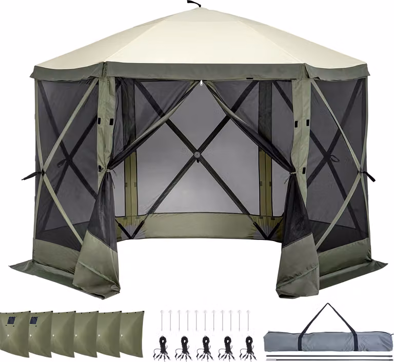 SucceBuy tenda gazebo pop-up, protezione solare su 6 lati con tettuccio, 6 schermi per la privacy rimovibili e finestre a rete, tenda a montaggio rapido 10 x 10 piedi con zanzariera, verde militare