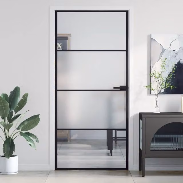 Porta interna reversibile vidaXL in alluminio e vetro temperato trasparente, colore nero, L: 93 cm, H: 201,5 cm – 1
