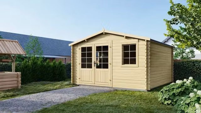 Casetta da giardino in legno ALTANKA modello DOM658 colore naturale e beige, superficie 15,21 m2, L/P: 3,9 x 3,9 m, H: 2,4 m, spessore pareti 40 mm – 1