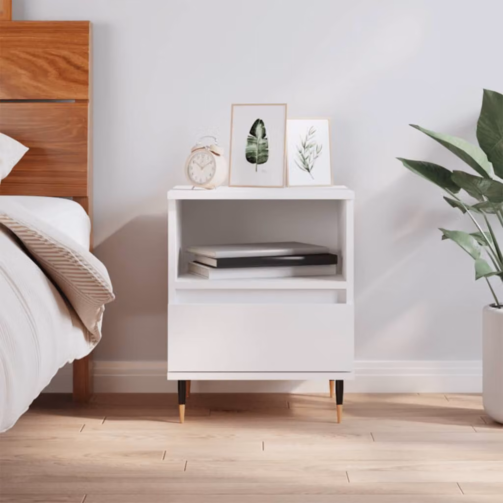Comodino moderno da parete vidaXL in legno e metallo, Bianco opaco, L 40 cm x P 35 cm x H 50 cm