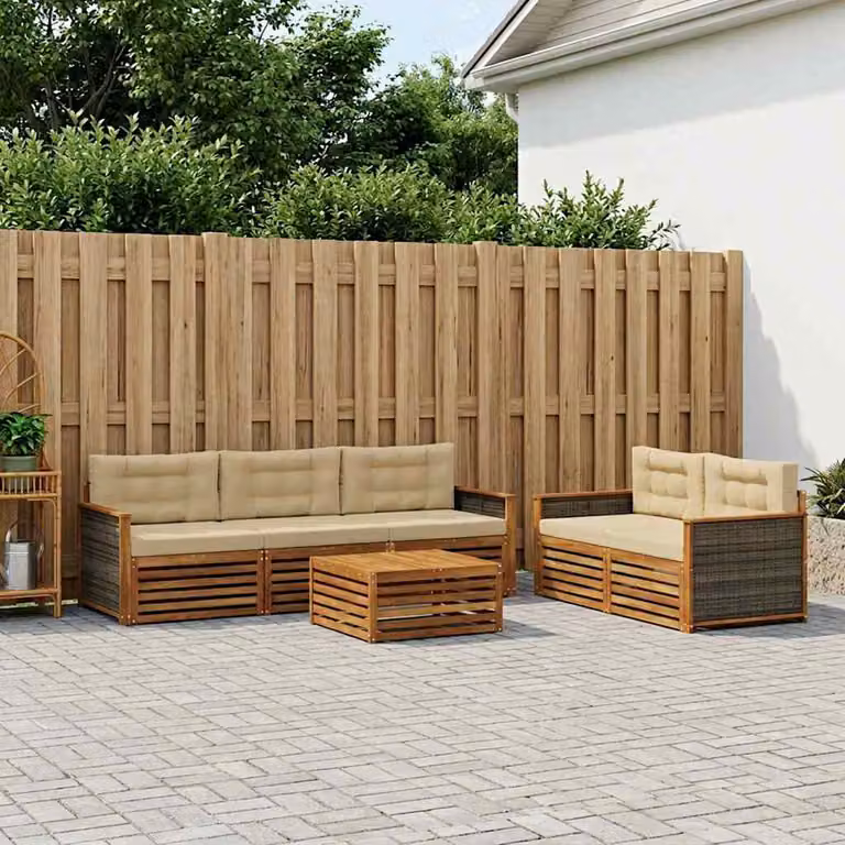Set di divani da esterno vidaXL 6 pz in legno di acacia con cuscini beige e tavolino da giardino a forma di L