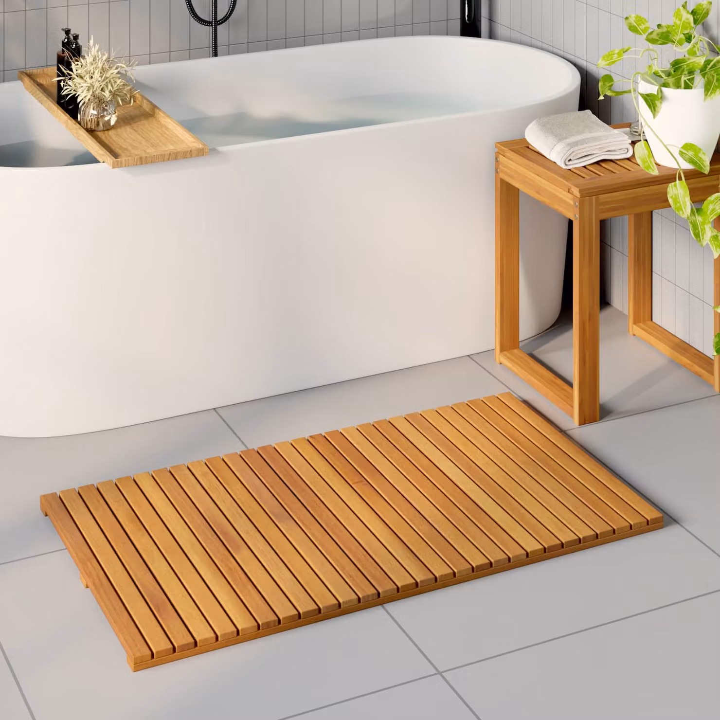 Tappeto da bagno vidaXL in legno di acacia massello, colore marrone, 100 x 55 cm