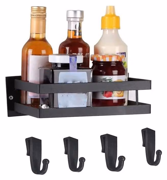 Portaspezie senza foratura, in metallo nero, da appendere a parete, ideale per cucina, bagno o balcone