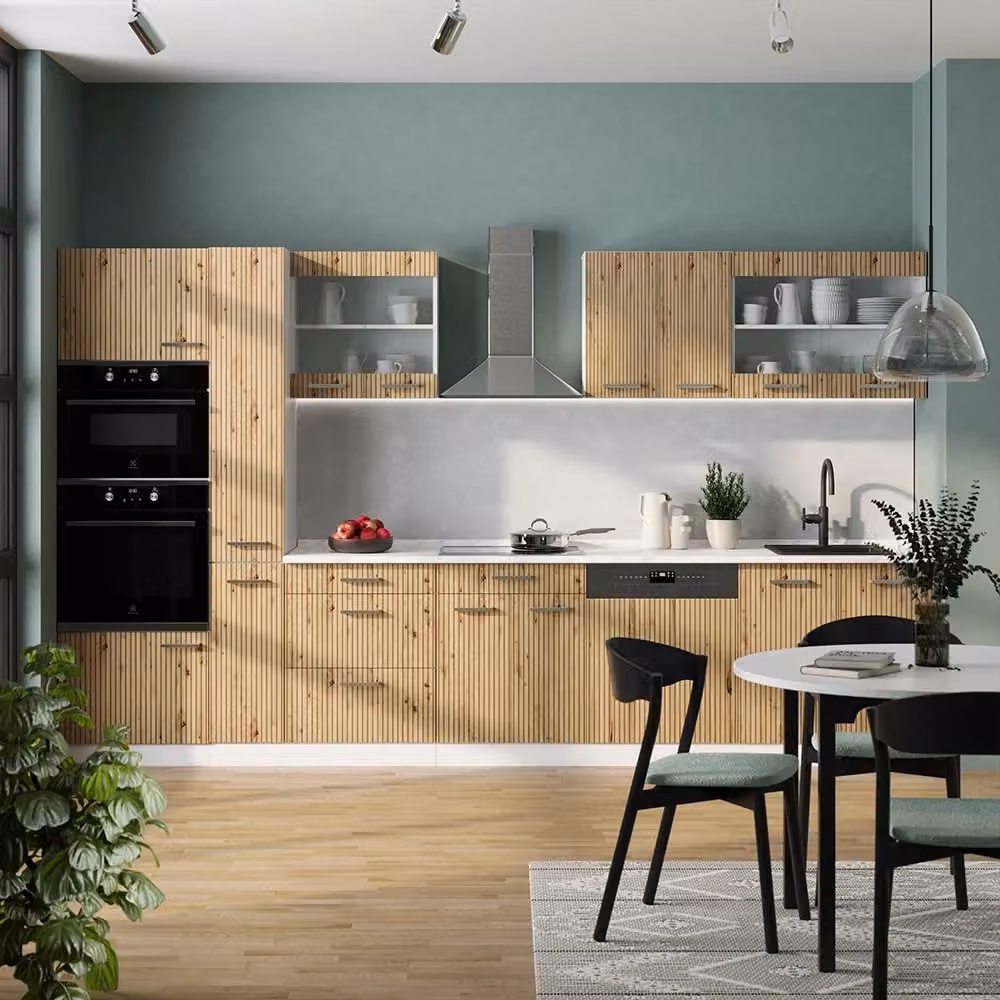 Cucina componibile moderna Vicco R-Line in rovere e bianco con armadio alto, larghezza: 350 cm – 2