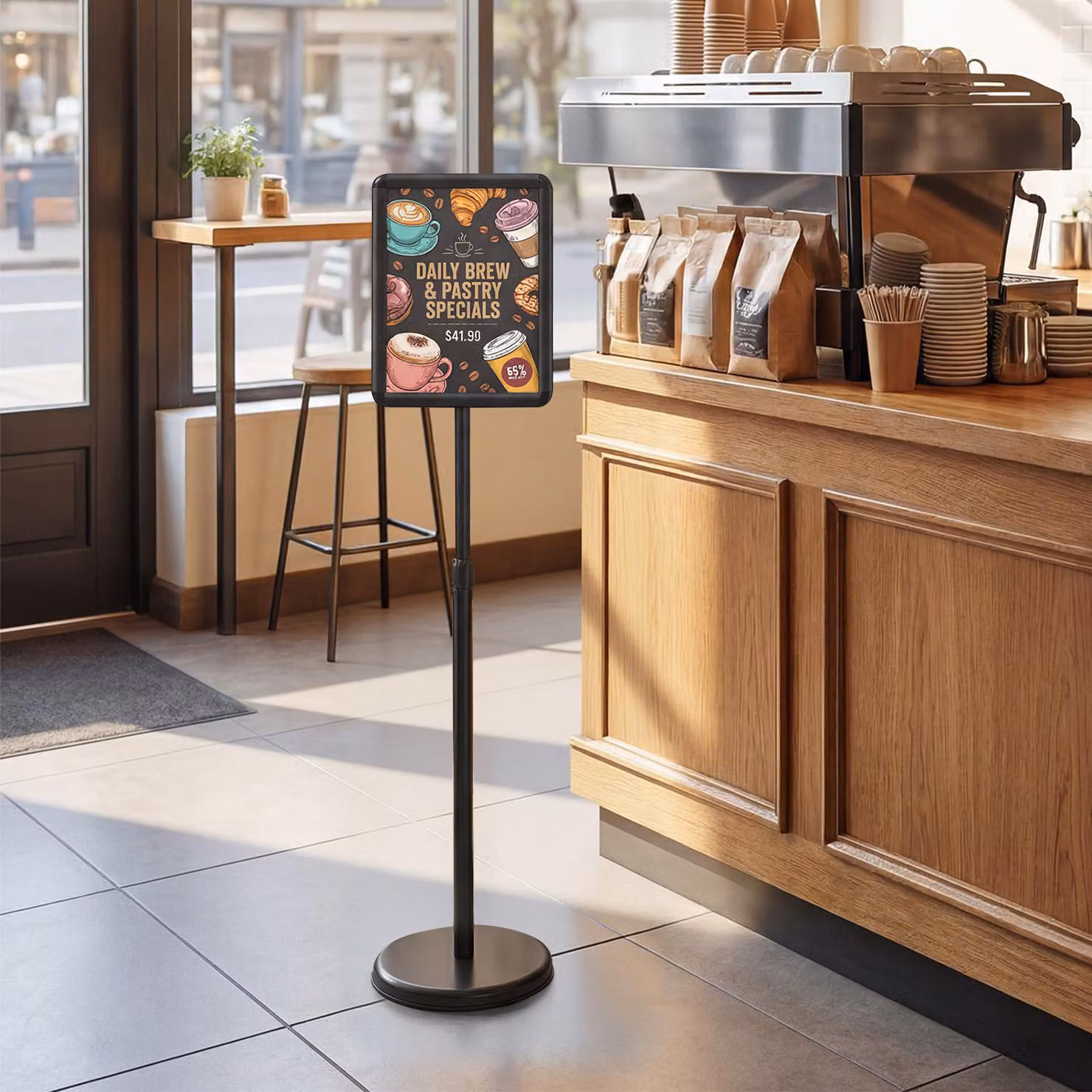 Set di 2 Espositori A4 da terra Costway in metallo nero con base riempibile, regolabili da 81 a 131 cm, ideali per menù e poster in ristoranti o uffici