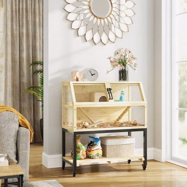 Scaffale OKWISH per piccoli animali a due livelli con rampe e ripiani, in legno e metallo naturale, colore marrone, L: 87 cm, P: 43 cm, H: 101 cm
