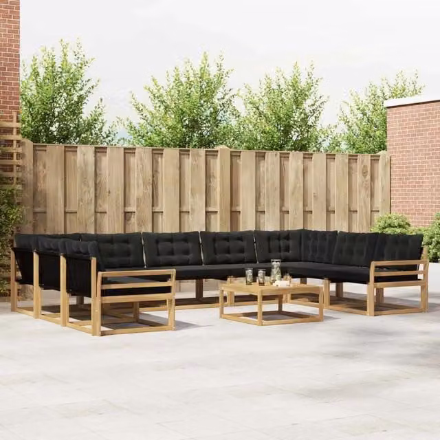Set di divani da esterno vidaXL a forma di U con tavolino da caffè, struttura in legno di acacia e sedute in textilene, bianco e nero