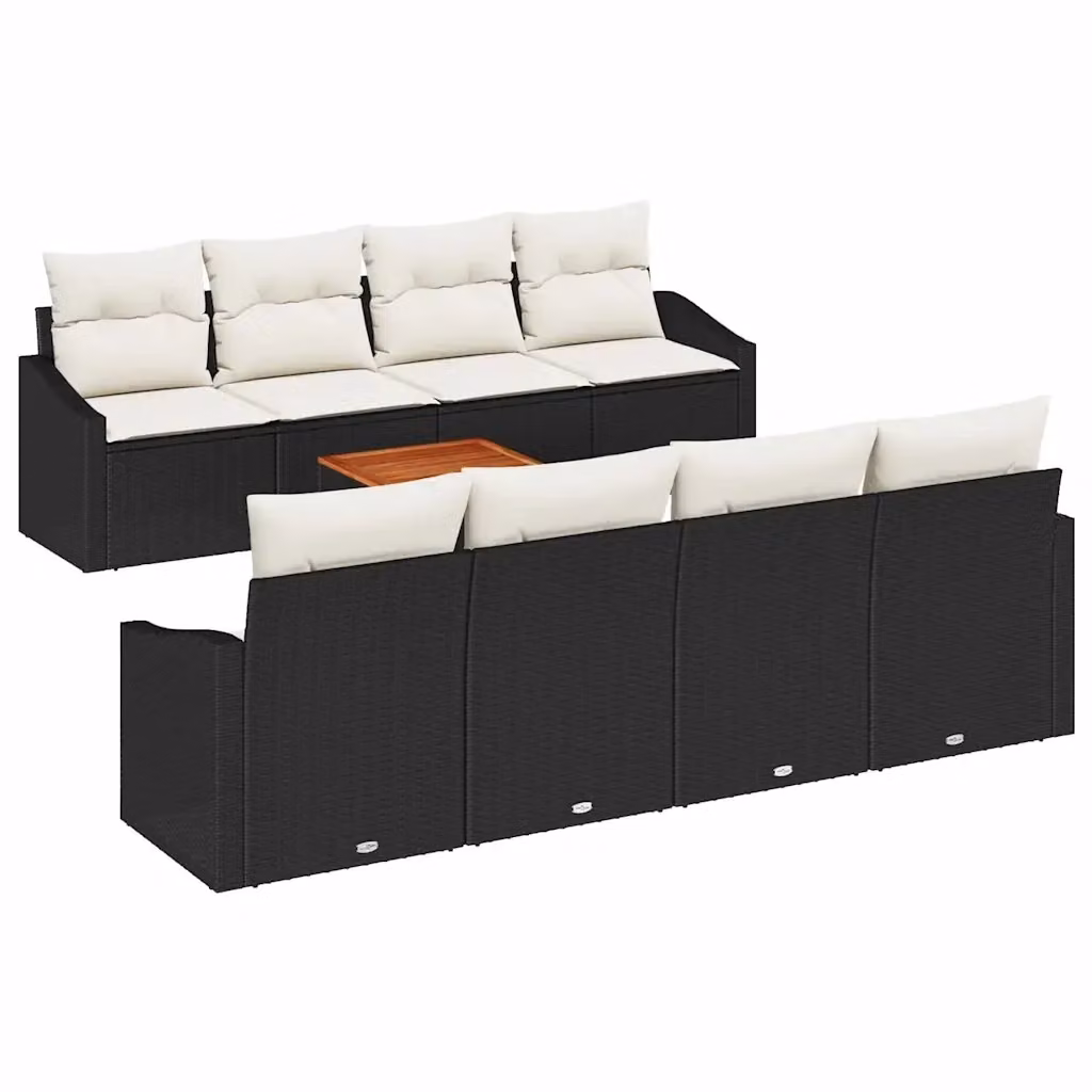 Set Divano da Giardino Moderno vidaXL in Polyrattan con Cuscini Nero e Beige, 9 Pezzi – 2