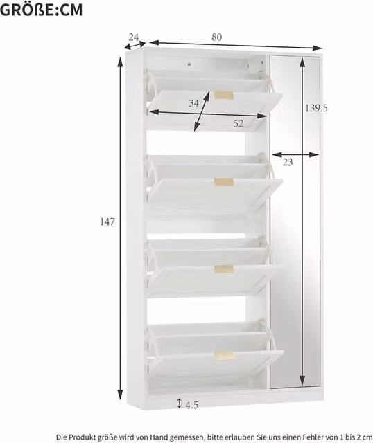 Armoire ?? chaussures - Xylo - 80x24x147cm - Blanche - Avec miroir et 4 compartiments